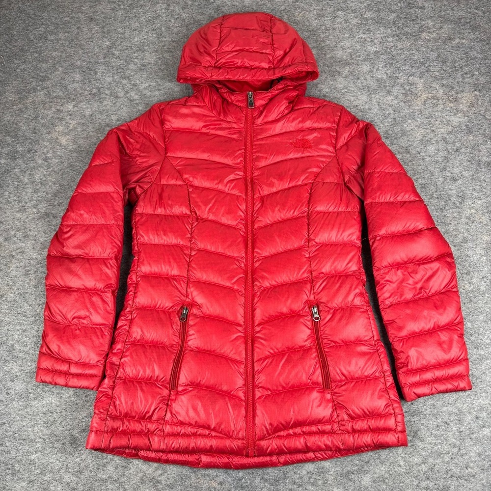 The North Face 550 Down Quilted Jacket Full Zip Hooded Red Womens Small S